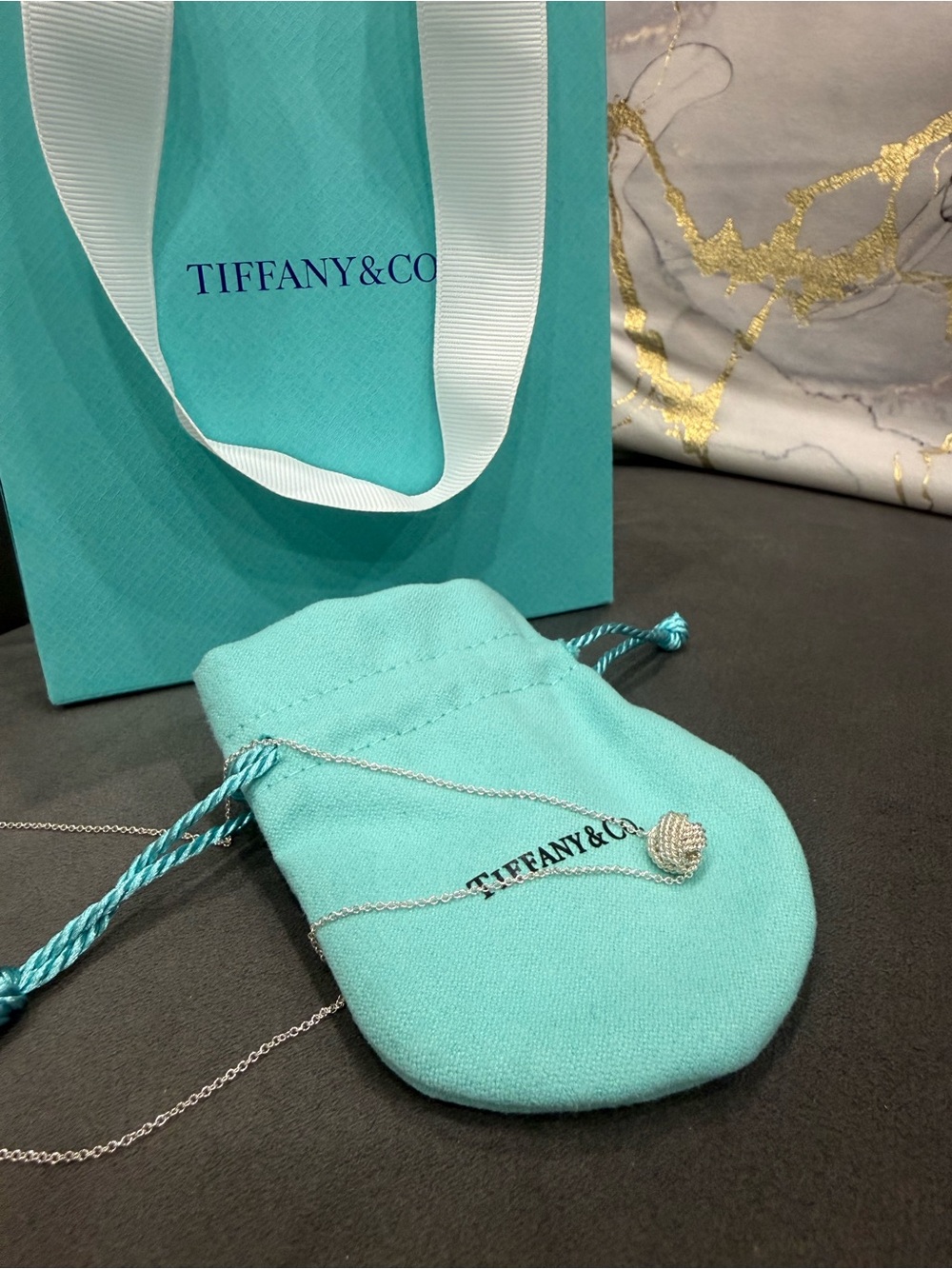 Tiffany & Co. Silver Knot Pendant Necklace with Tiffany Blue Pouch